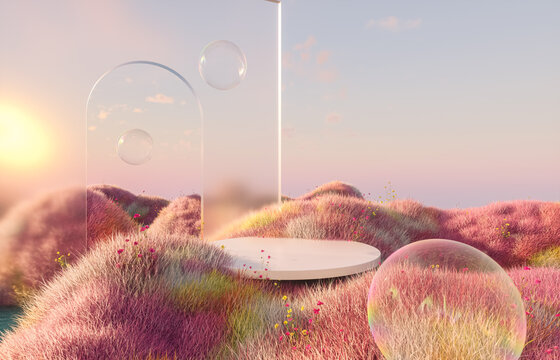 Abstract spring flower landscape scene with water bubble. 3d rendering.