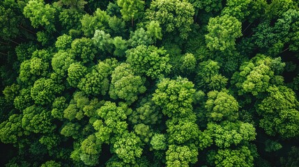 Summer Day Aerial View of Dense Forest - Earth's Natural Ecosystem - Drone Shot with Fresh Green Foliage and Woodland Texture 
