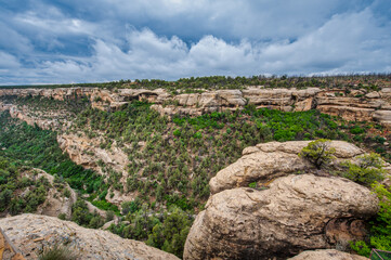 Fototapeta na wymiar Expansive view of a deep canyon dotted with greenery against a cloud-filled sky