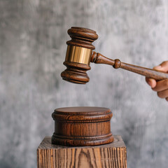 A person holding a wooden gavel with a gold handle
