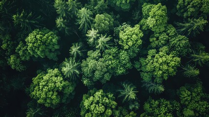 Aerial View of Green Forest Canopy - Nature's Carbon Capture - Drone Shot with Lush Trees and Sky Background 
 - obrazy, fototapety, plakaty