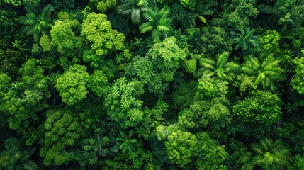 Top View of a Rainforest Landscape - Natural Carbon Neutrality - Aerial Shot with Lush Green Canopy and Sky Background
