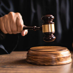 A person holding a gavel on a wooden surface. The gavel is made of wood and has a gold handle