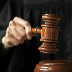 A judge is holding a gavel and wearing a black robe. The gavel is wooden and has a black handle
