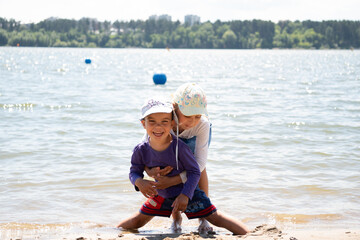 brother and sister holding each other's hands, happy family, boy and girl, hugs, childhood, children's laughter