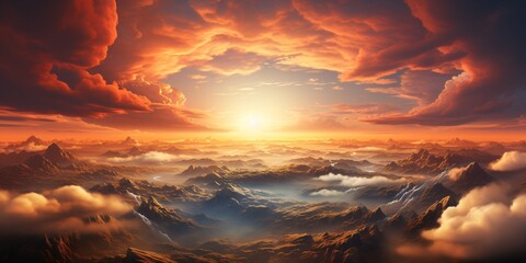 a landscape of mountains with clouds and sun