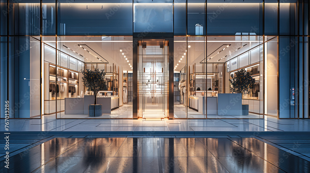 Poster fashion storefront, the storefront features a modern design with a minimalist entrance. generative a
