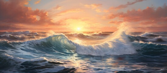 An art piece depicting a fluid natural landscape of a sunset over the ocean with waves crashing on...