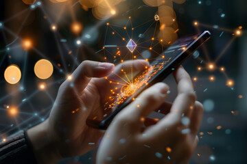 A person using a digital wallet app on a smartphone to send and receive Ethereum tokens: Demonstrating the ease and convenience of blockchain transactions.