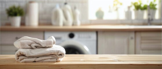 Pristine laundry setup: towels on wooden board with washing machine in background, perfect for product display