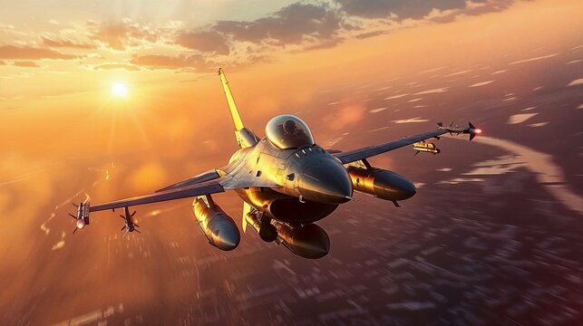 F16 jet fighter soaring at high velocity over cityscape during sunset, military aviation patrol