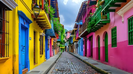 Bustling Street Scene: Colourful Buildings Along Quaint Cobbled Streets