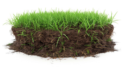 Round soil ground section with earth and vibrant green grass in 3D, on white.