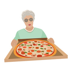 Grandma made pizza. A female cook. Vector illustration on a white background