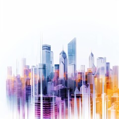 futuristic city architecture captured in morning gradient colors double exposure watercolor graphic design asset wallpaper