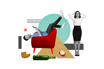 Creative abstract template graphics collage image of lady worker tired of lazy unemployed husband isolated drawing background