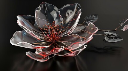 3D rendering of a beautiful flower made of glass with red pistil on a black background.