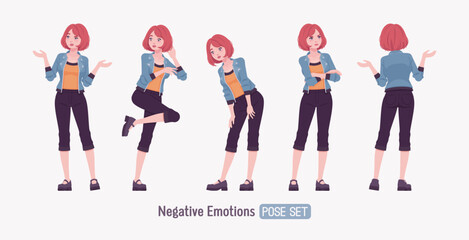Attractive young unhappy woman negative emotion. Adult red choppy bob haircut girl wearing cool jacket, capri pants, Mary Jane clog shoes, youth people streetwear clothing style. Vector illustration