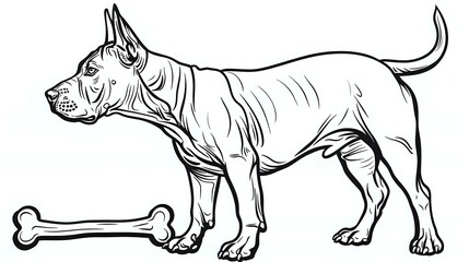 Outline Sketch: Bull Terrier Holding Bone in Clean White Design - obrazy, fototapety, plakaty