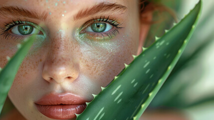 Portrait of a young woman with green eyes and light green makeup and lipstick, slightly open, abstract background filled with aloe vera leaves with copy space, beauty concept. Generative AI. - obrazy, fototapety, plakaty