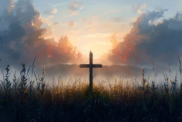 a cross in a field with clouds and mountains in the background - obrazy, fototapety, plakaty
