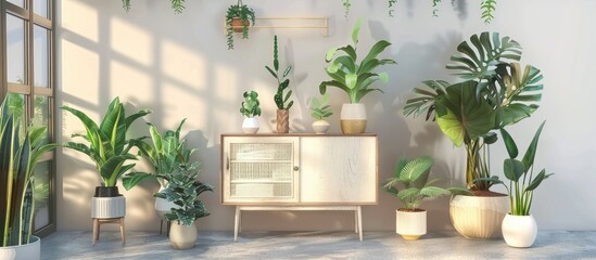 A cozy retro home interior features a vintage cabinet adorned with elegant gold accents, numerous plants in chic pots, and a minimalistic design,
