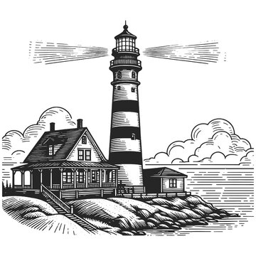 vintage lighthouse with beams of light, depicted in an engraved style. Sketch engraving generative ai raster illustration. Scratch board imitation. Black and white image.