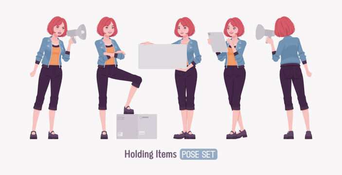 Attractive young woman megaphone speak, posing. Adult red choppy bob haircut girl wearing cool jacket, capri pants, Mary Jane clog shoes, youth people streetwear clothing style. Vector illustration