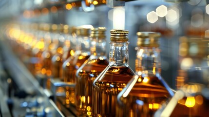 Close-up of brown alcohol bottles with gold caps moving along a high-tech conveyor in a beverage production plant
