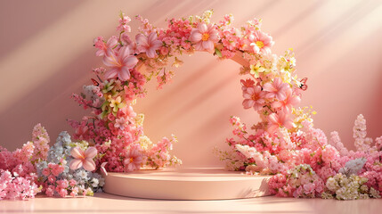 Podium background flower rose product pink 3d spring table beauty stand display nature white. Garden rose floral summer background podium cosmetic valentine easter field scene gift purple day romantic