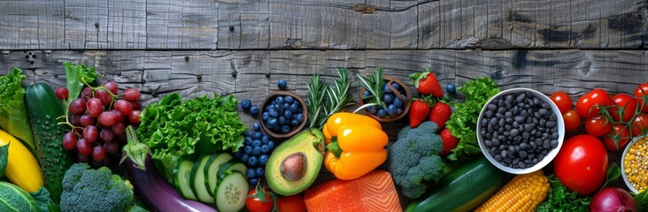  fresh fruits and vegetables, including blueberries in white bowls,  peppers, avocados, broccoli,...