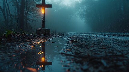 a cross in a puddle with a light on it