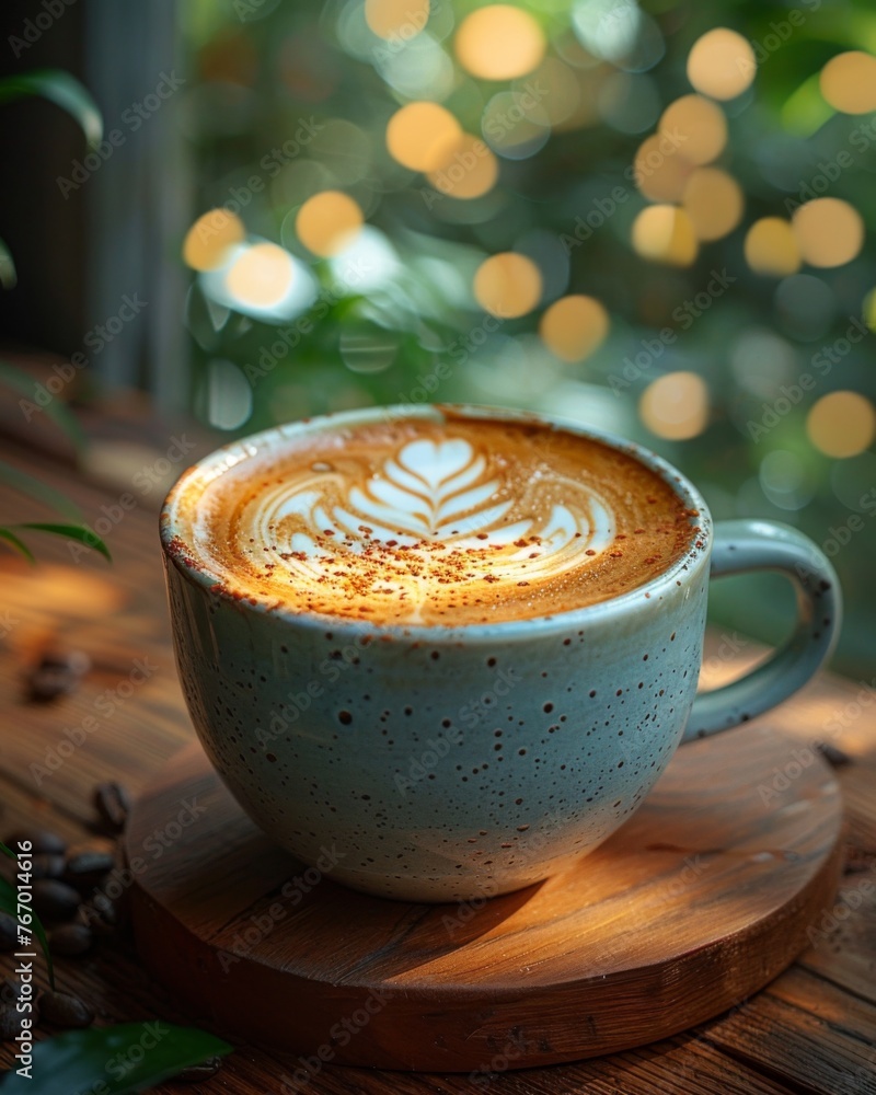 Poster a cup of coffee with latte art on a wooden table in a cafe, with a bokeh background, sunlight coming