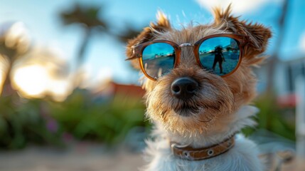 A cute dog wearing sunglasses with the reflection of an outdoor scene