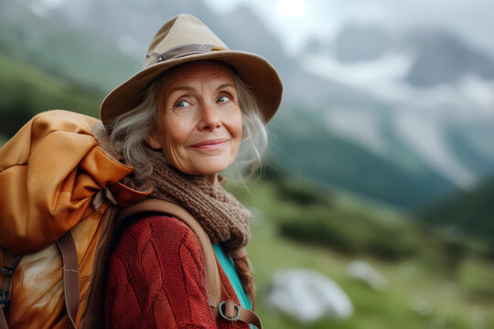 Retirement trip. Active elderly woman traveler traveling in the mountains in nature