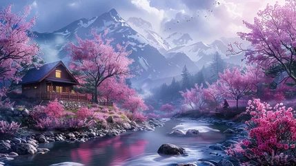 Fotobehang Purple theme color, spring season vibe, river stream, cherry blossom trees, remote mountains and cottage, clouds sky background. Generative AI. © visoot