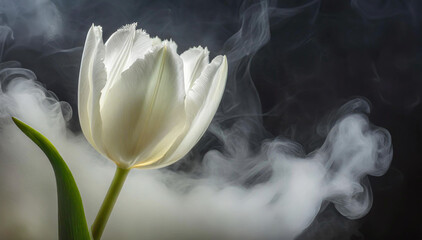 Tulipan, biały kwiat wiosenny. Abstrakcyjne czarne tło kwiatowe