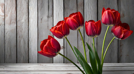 Czerwone tulipany. Bukiet wiosennych kwiatów. Tło deski - obrazy, fototapety, plakaty