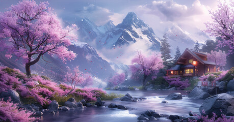 Purple theme color, spring season vibe, river stream, cherry blossom trees, remote mountains and cottage, clouds sky background. Generative AI.