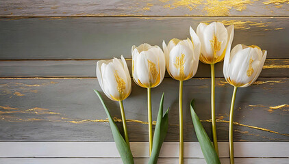 Białe tulipany. Abstrakcyjne wiosenne kwiaty. Tło deski