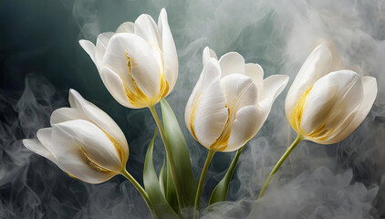 Białe tulipany. Abstrakcyjne kwiaty w dymie. Bukiet tulipanów. Wiosenny motyw kwiatowy - obrazy, fototapety, plakaty