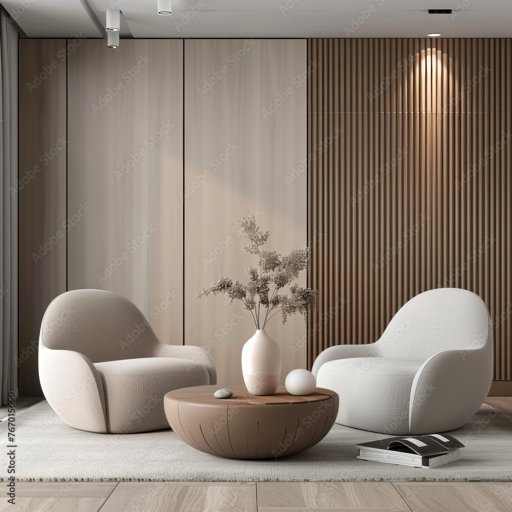 Canvas Prints interior of modern living room with wooden walls, concrete floor, beige armchairs standing near roun