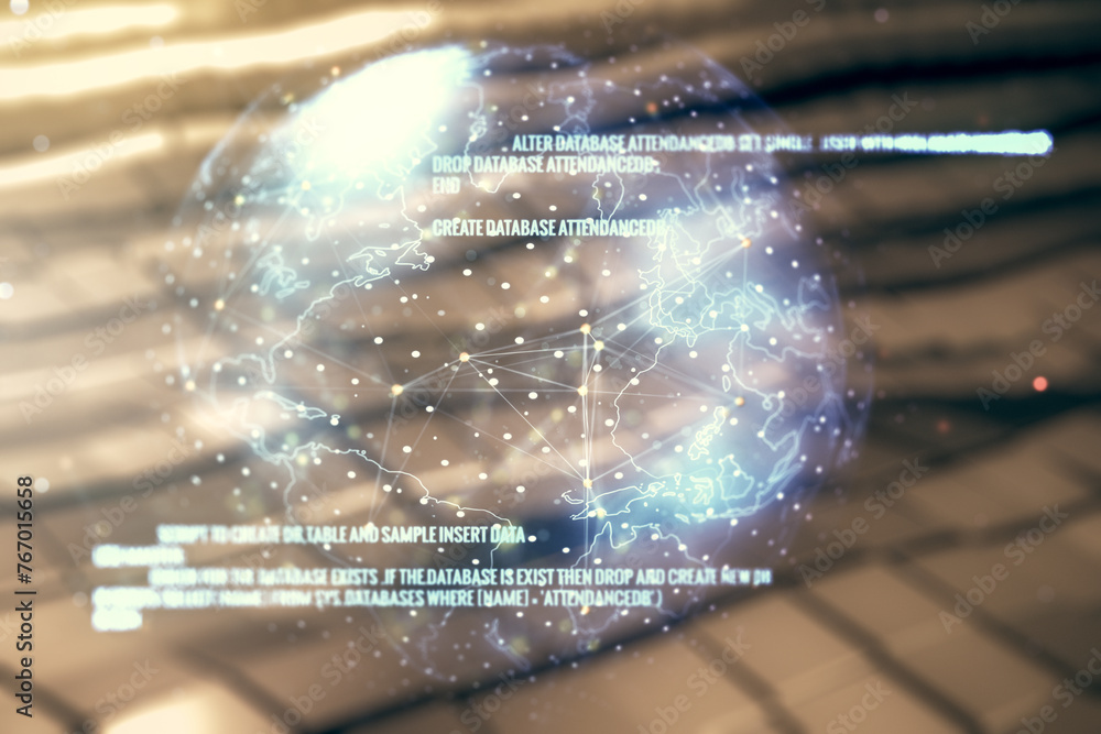 Aufkleber multi exposure of abstract creative coding sketch and world map on blurry abstract metal background,