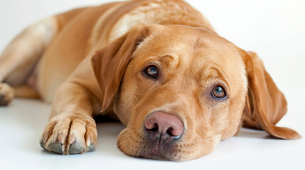 Sweet Labrador retriever posing for a photo against white studio backdrop. - obrazy, fototapety, plakaty