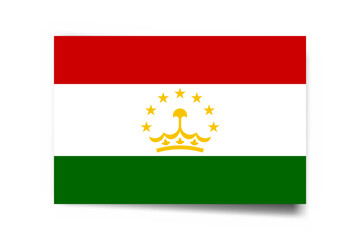 Tajikistan flag - rectangle card with dropped shadow isolated on white background.