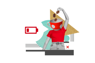 Artwork magazine collage picture of low energy lady coffee cup instead of head putting beans isolated drawing background