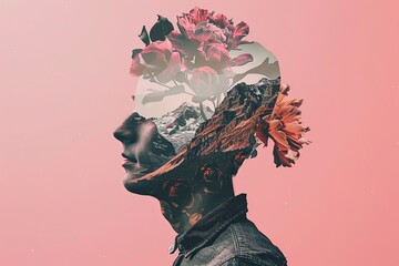 Minimalistic collage of a young man with a double exposure of flowers and mountains inside his head against a pastel pink background
