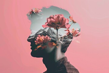 Minimalistic collage of a young man with a double exposure of flowers and mountains inside his head against a pastel pink background - obrazy, fototapety, plakaty