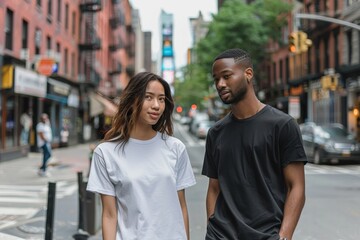 Trendy Young Couple T-Shirt Mockup in Casual Wear Walking Confidently on Urban Street