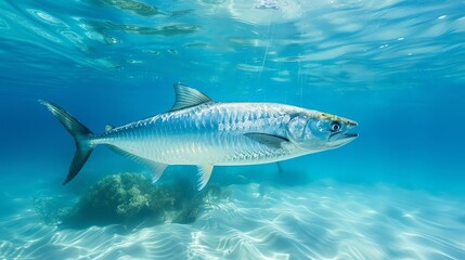 A large fish swims in the clear blue ocean. The sun shines down on the fish, making its scales glisten.